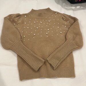Brown tan pearl puff sleeve sweater